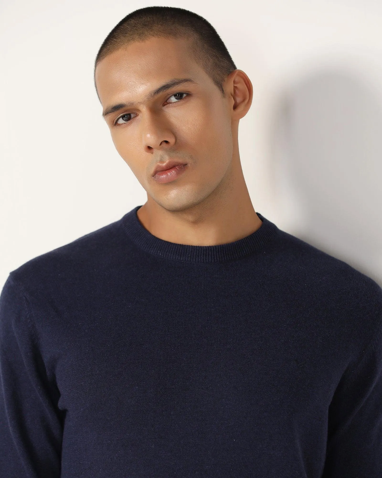 Crew Neck Blue Solid Sweater - Harley