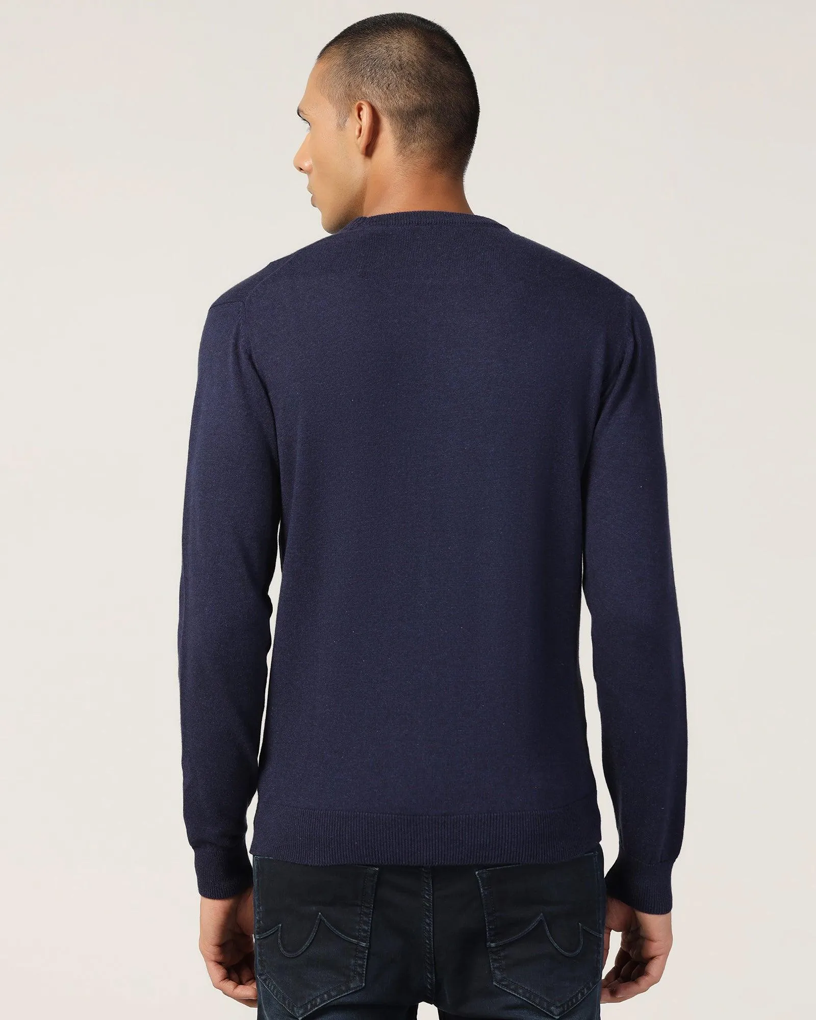 Crew Neck Blue Solid Sweater - Harley