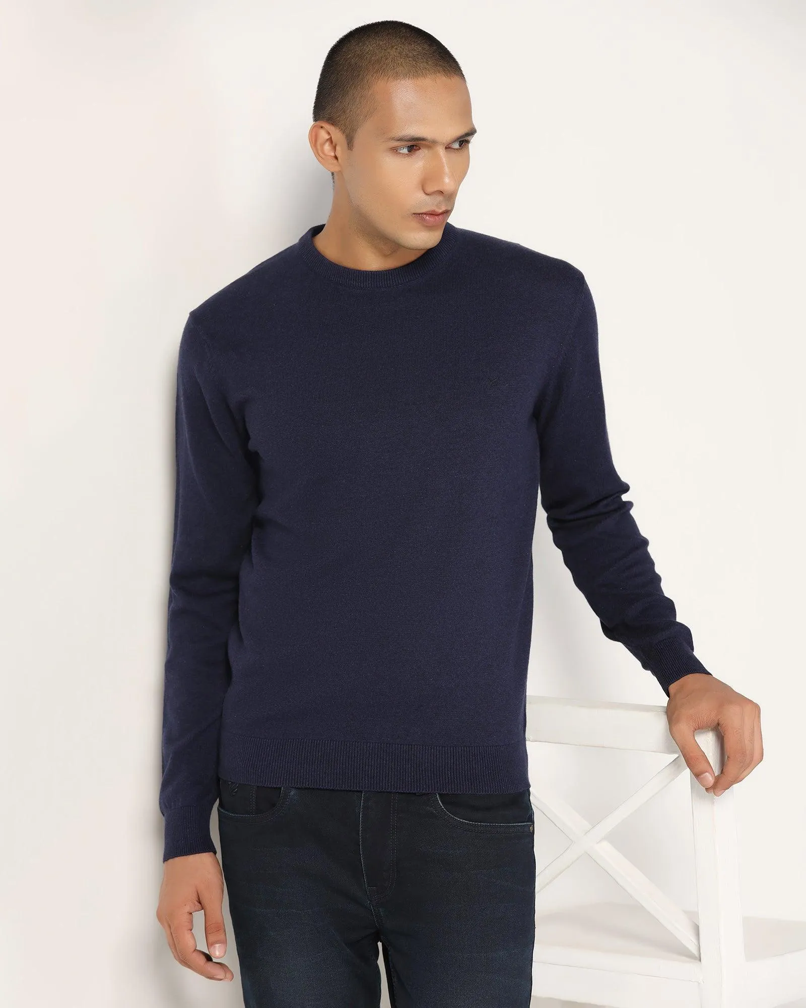 Crew Neck Blue Solid Sweater - Harley