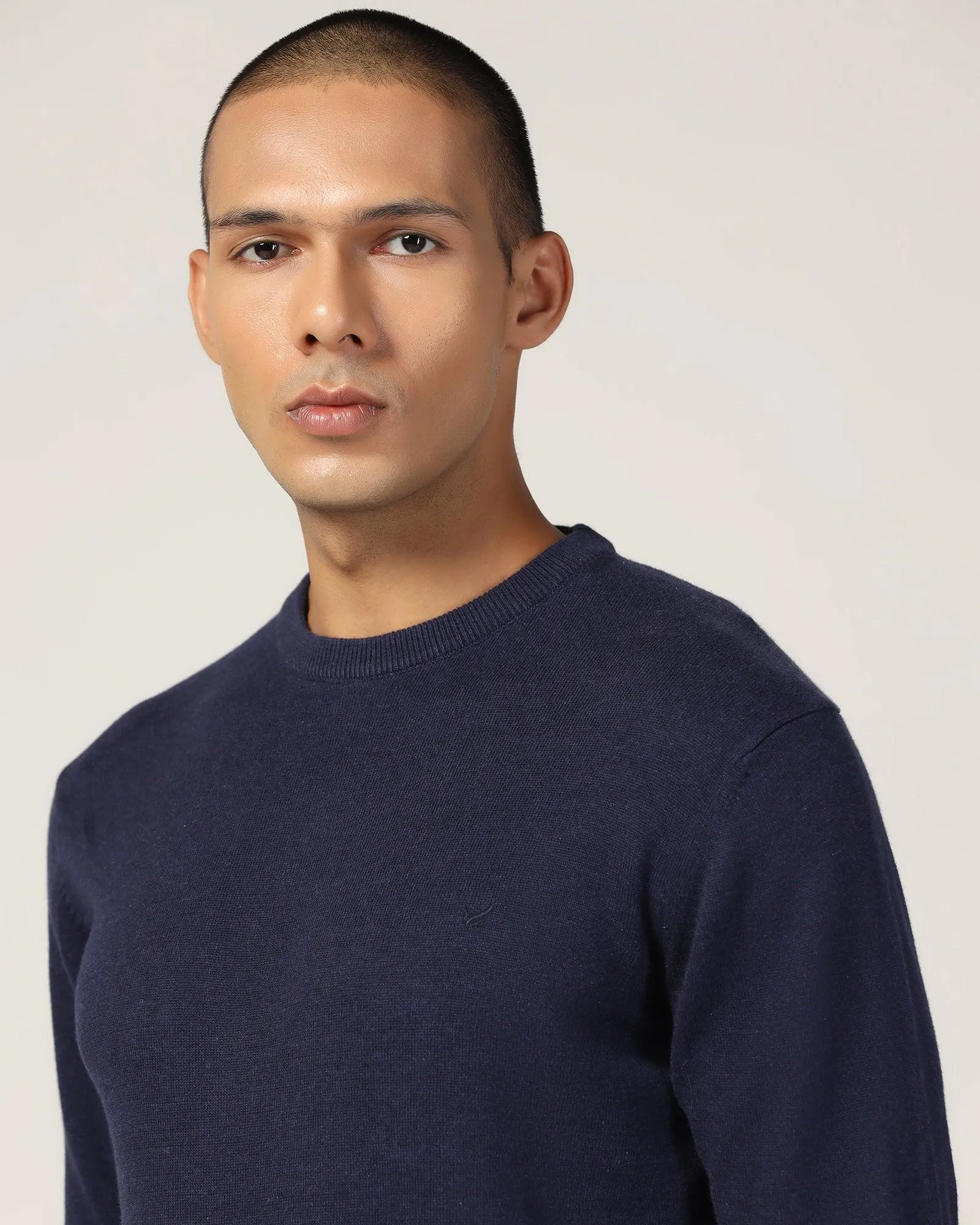 Crew Neck Blue Solid Sweater - Harley