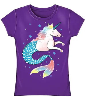 Dawhud Direct Unicorn Mermaid Purple Girls Fitted Tee Shirt (Extra Small 3/4