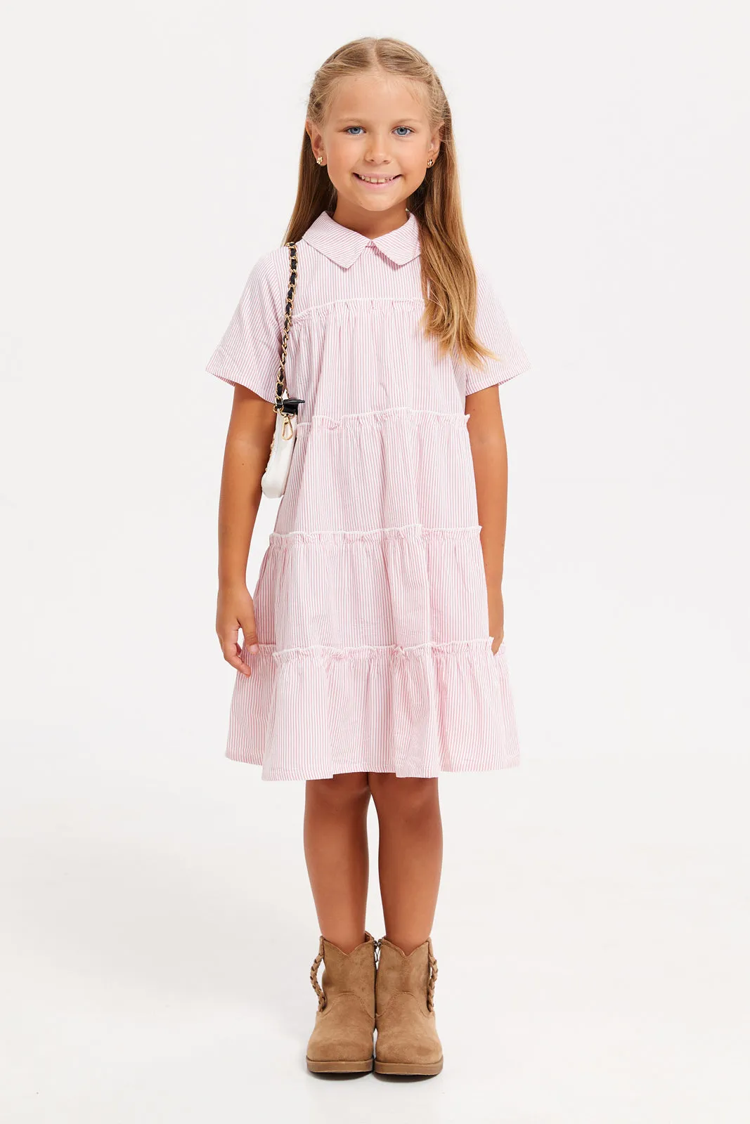 Girls Pink Collared Striped Dress