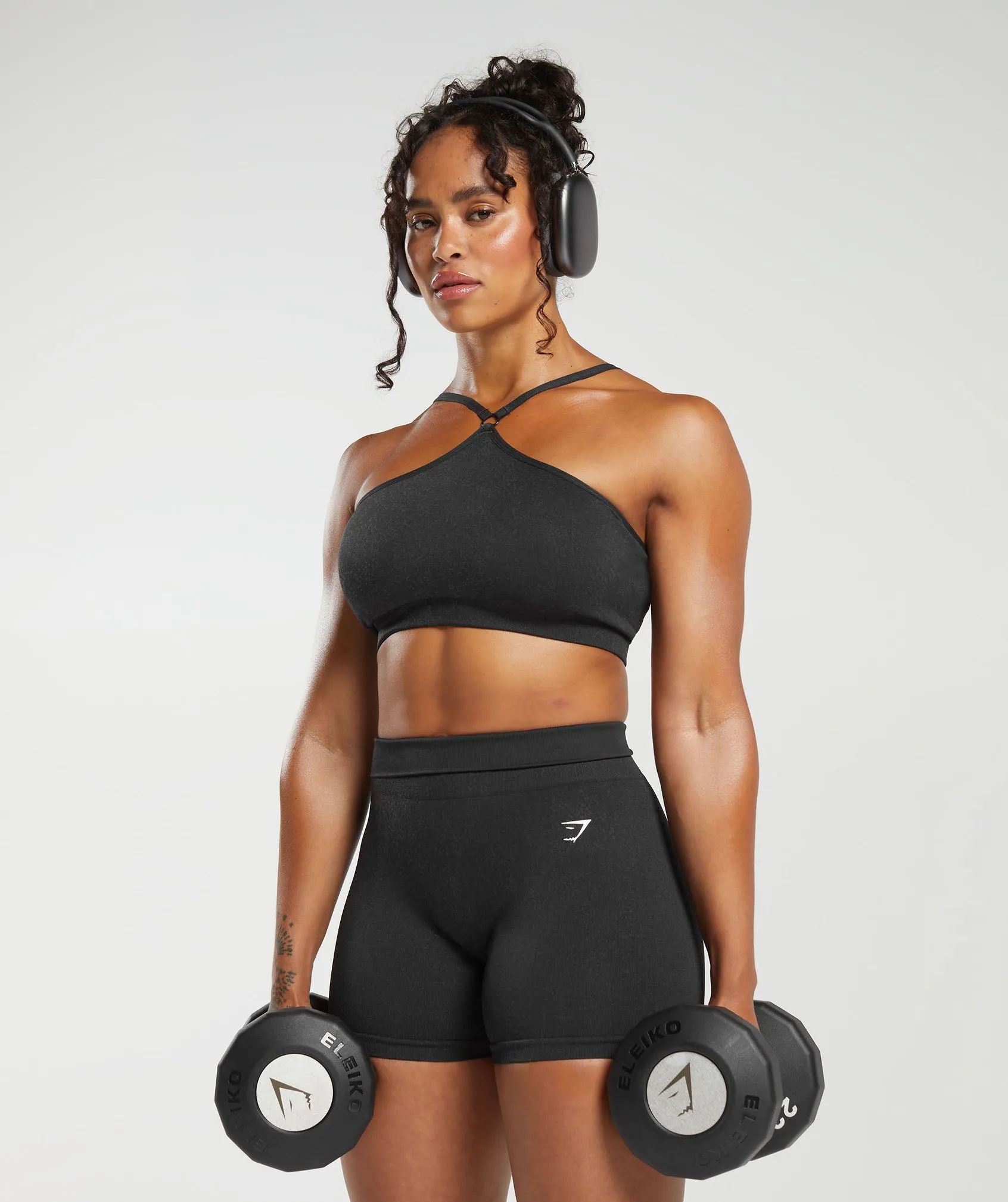 Gymshark Adapt Fleck Seamless Halterneck Bralette - Black/Smokey Grey