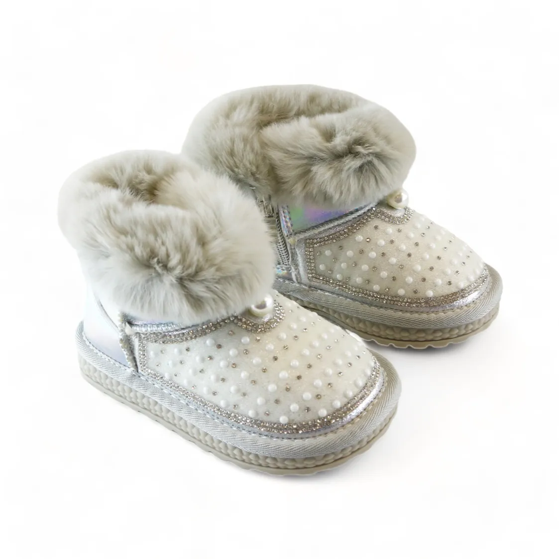 Handcraft Rhinestone & Pearl Furry Boot - Silver