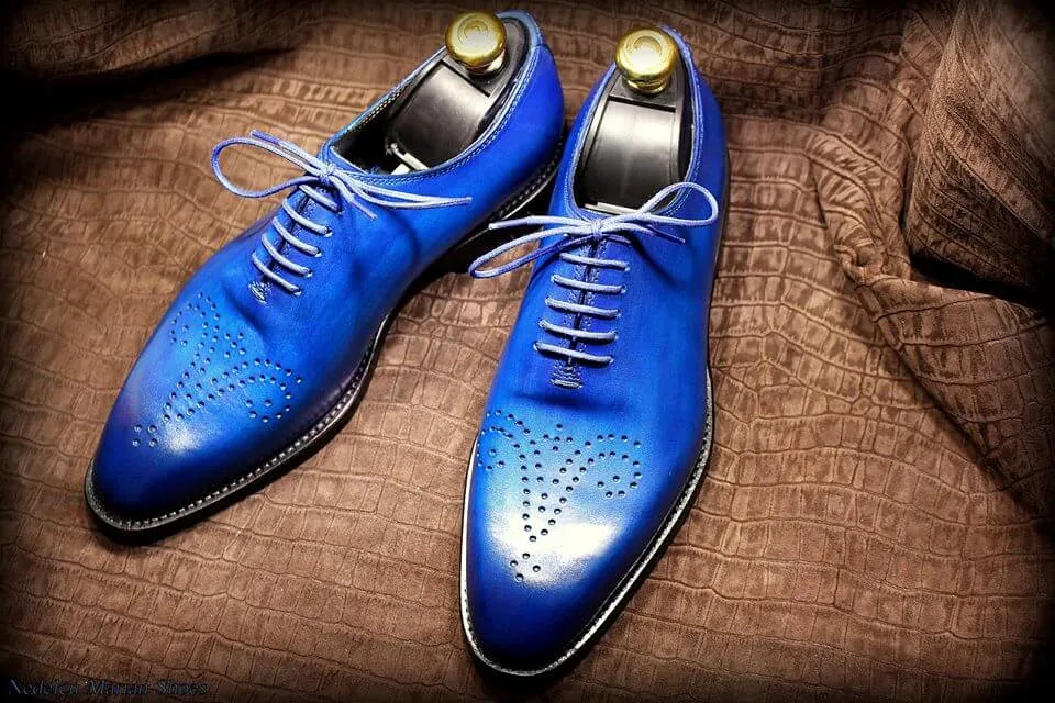 Handmade Men's Blue Color Shoes Derby Brogue Leather Lace Up Formal Shoes