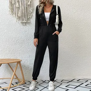 Hooded Long Sleeved Zipper Casual Sports Jumpsuit