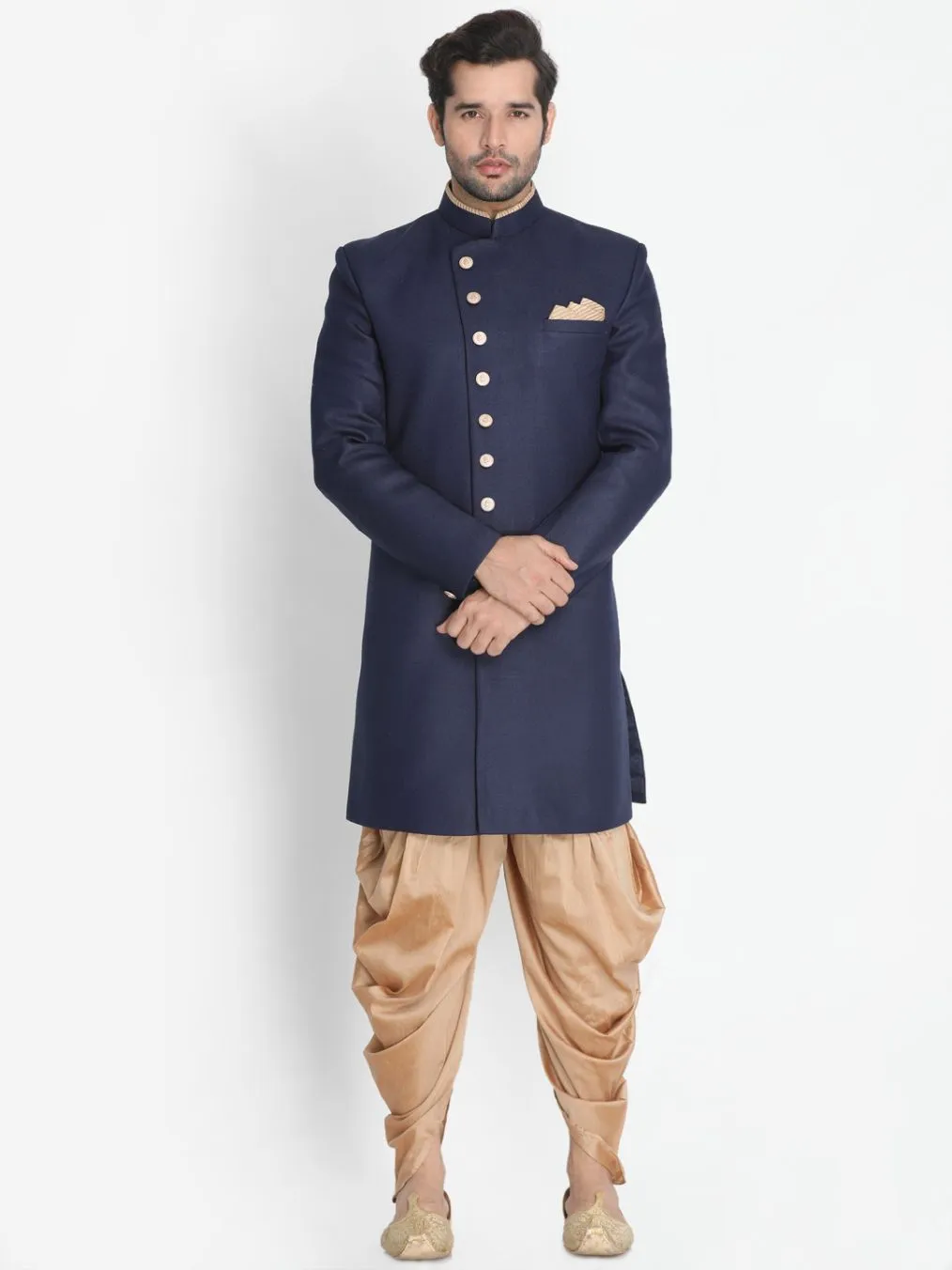 Jashvi Men's Dark Blue Silk Blend Sherwani Set