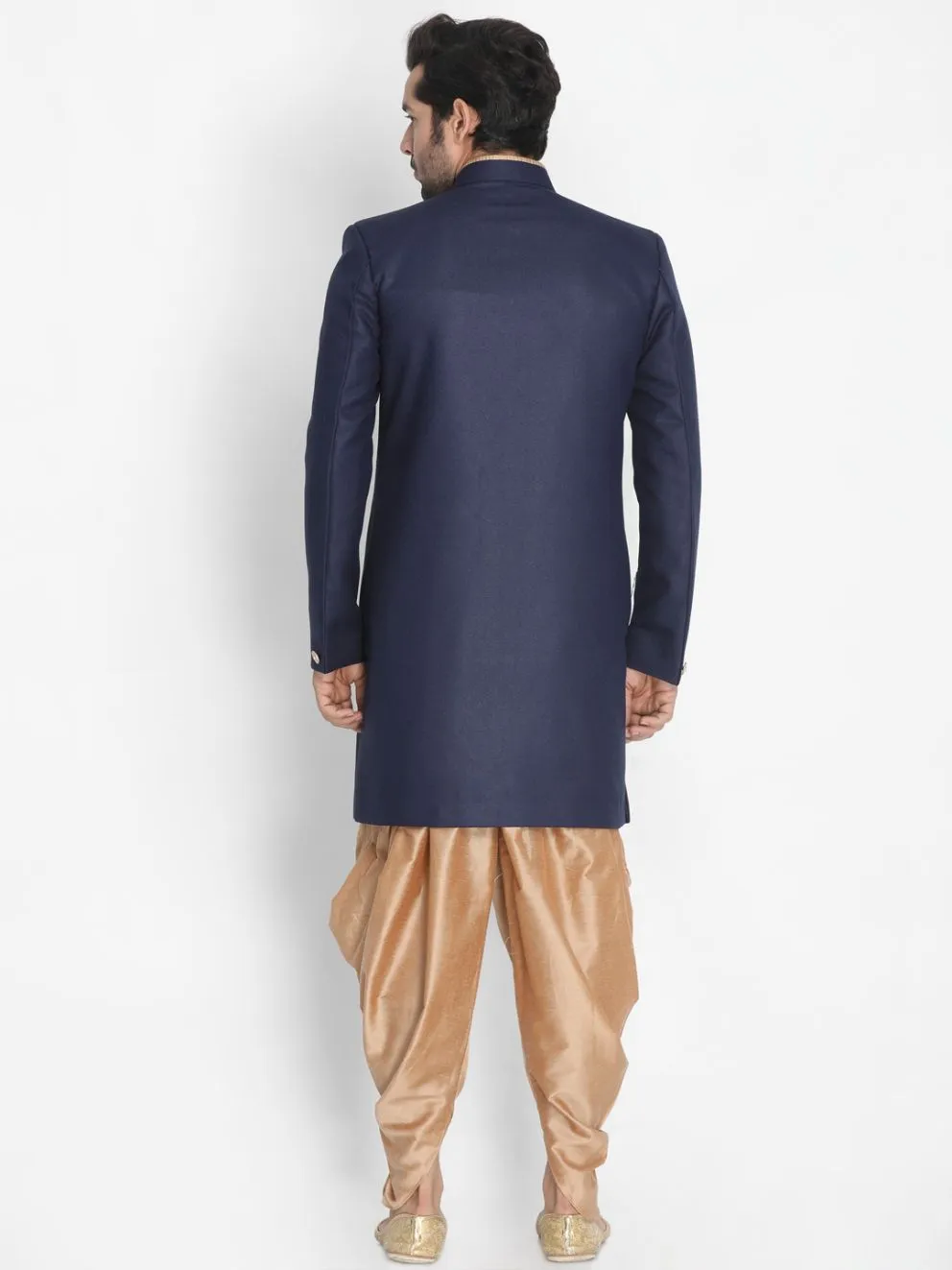 Jashvi Men's Dark Blue Silk Blend Sherwani Set