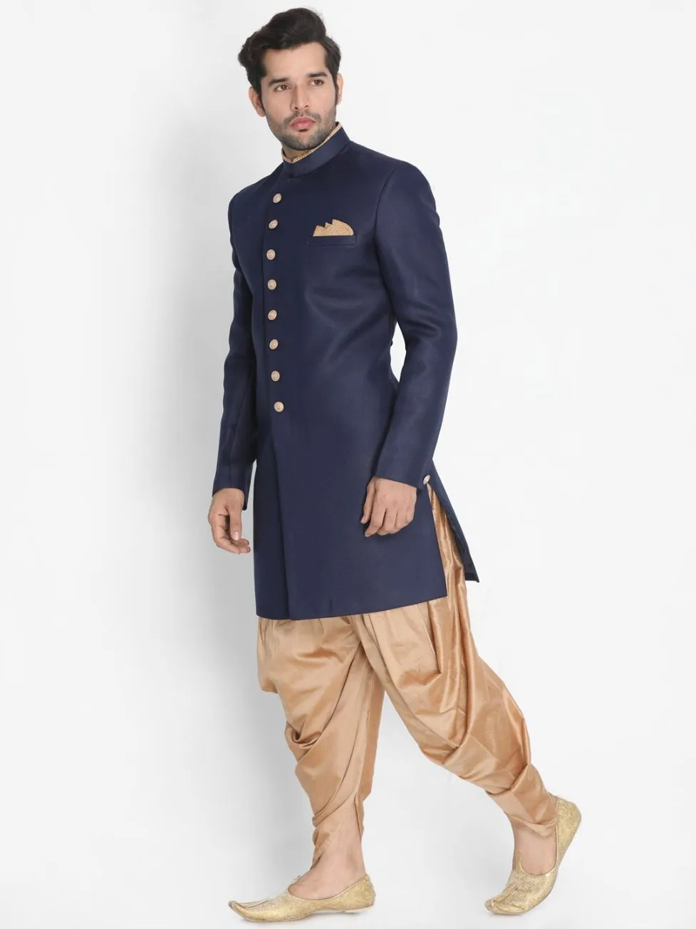 Jashvi Men's Dark Blue Silk Blend Sherwani Set