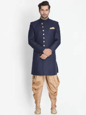 Jashvi Men's Dark Blue Silk Blend Sherwani Set