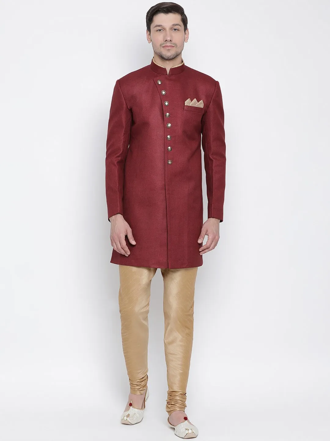 Jashvi Men's Maroon Silk Blend Sherwani Set