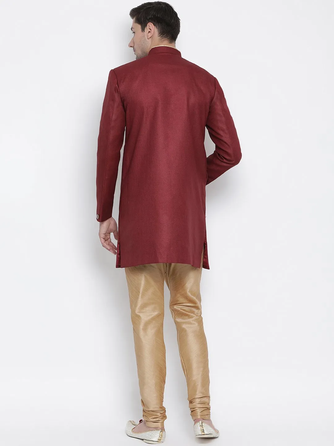 Jashvi Men's Maroon Silk Blend Sherwani Set