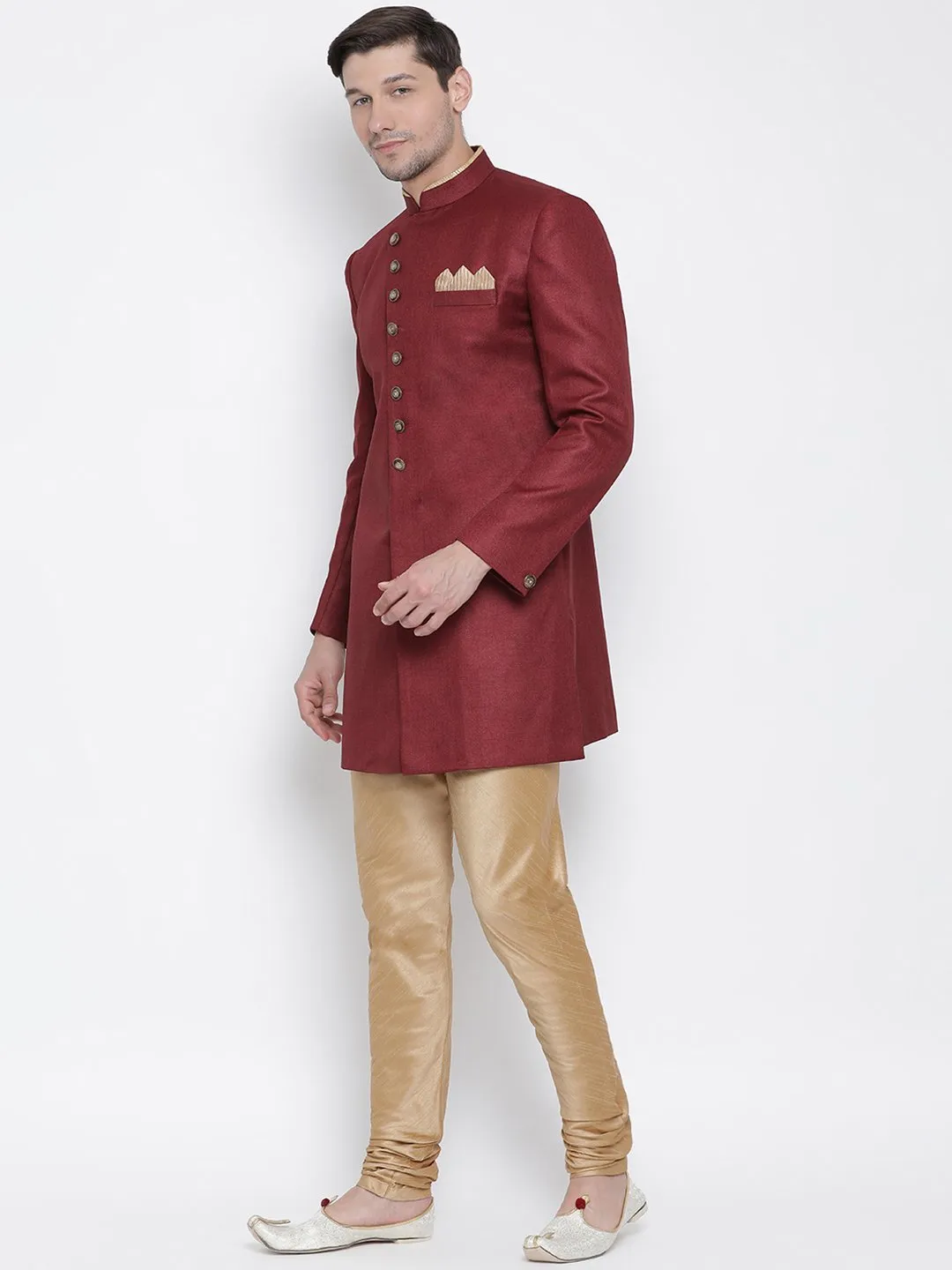 Jashvi Men's Maroon Silk Blend Sherwani Set