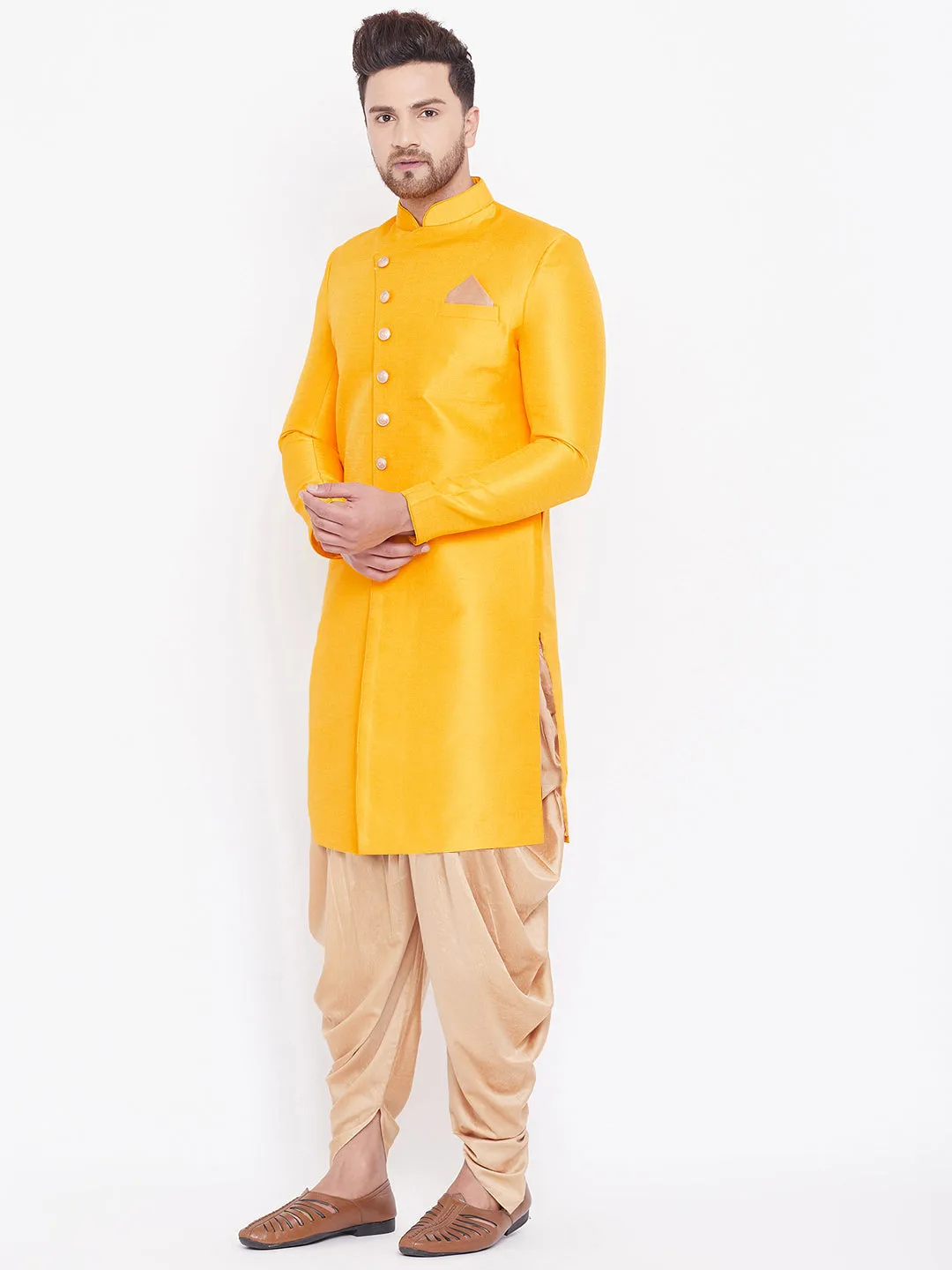 Jashvi Men's Mustard And Rose Gold Silk Blend Sherwani Set