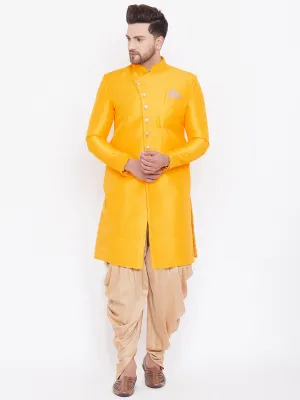 Jashvi Men's Mustard And Rose Gold Silk Blend Sherwani Set