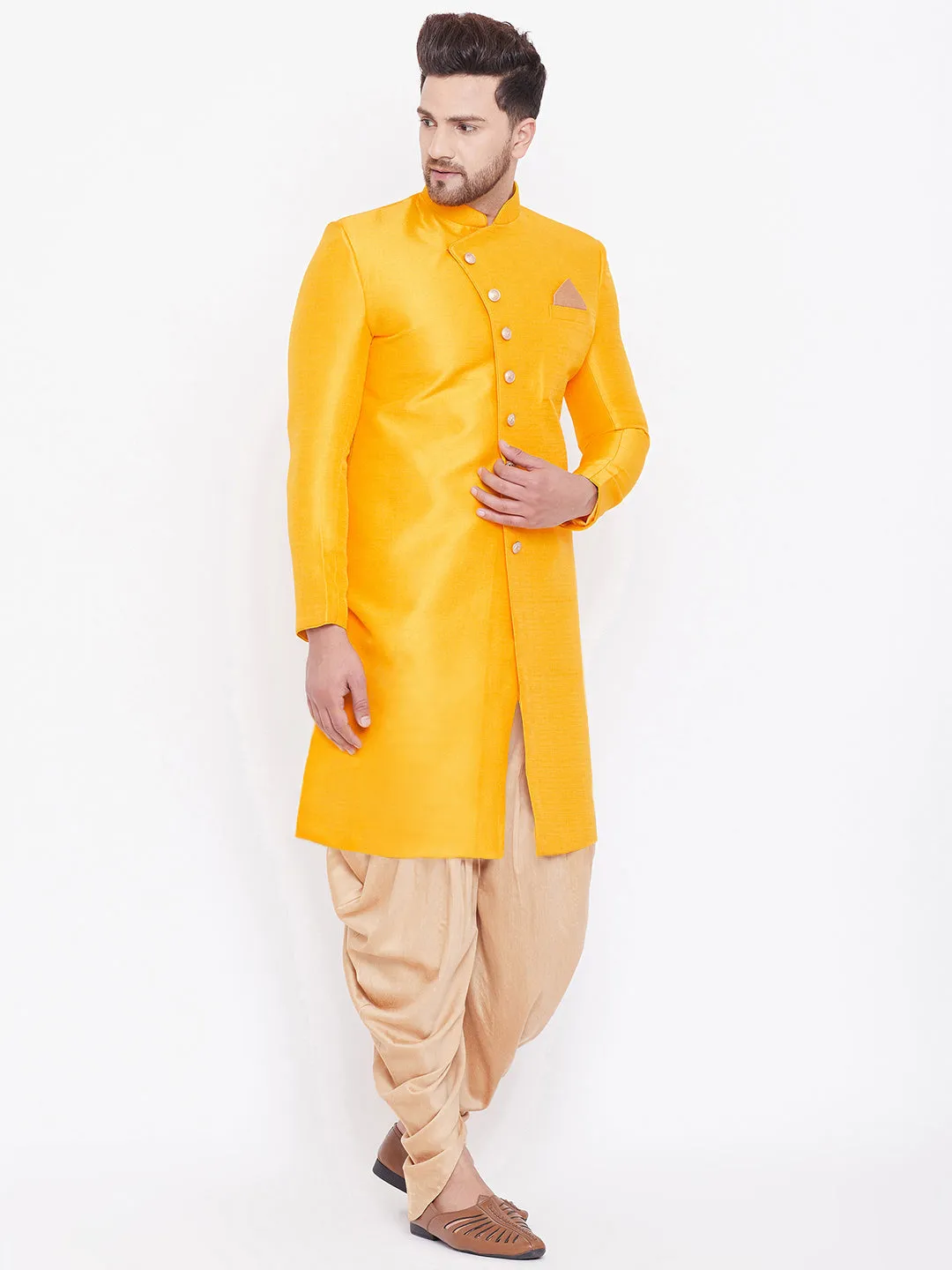 Jashvi Men's Mustard And Rose Gold Silk Blend Sherwani Set