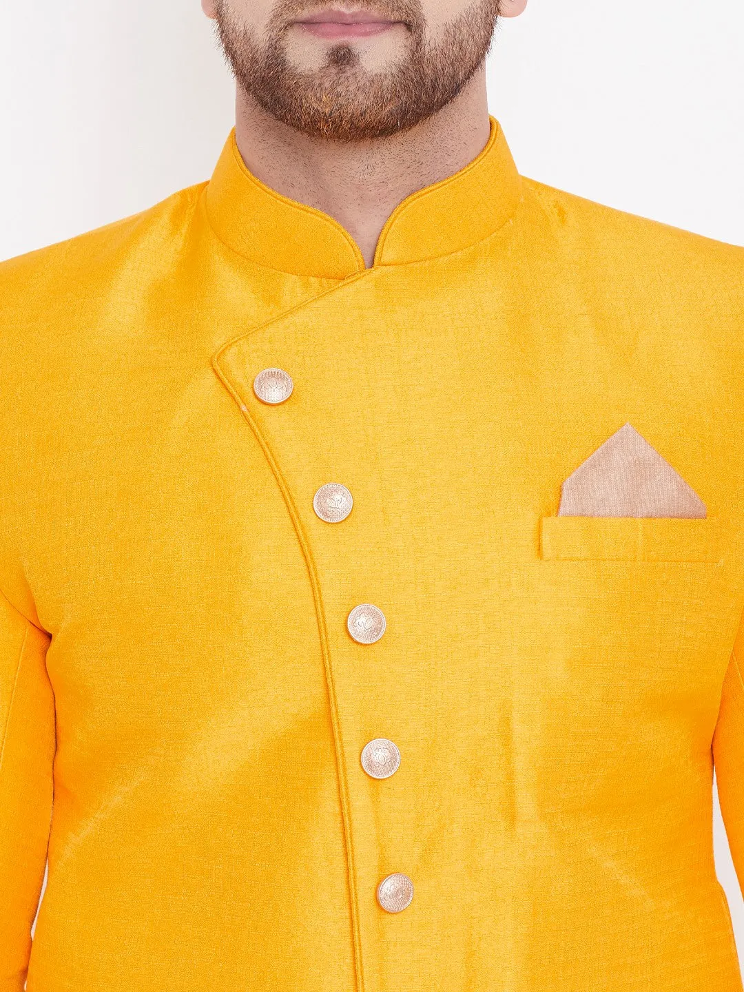 Jashvi Men's Mustard And Rose Gold Silk Blend Sherwani Set