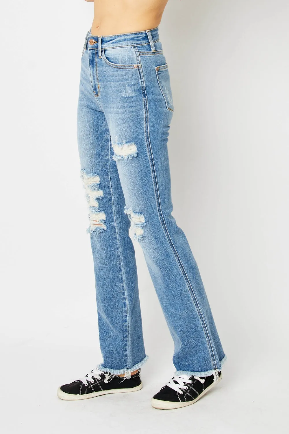 Judy Blue Full Size Distressed Raw Hem Bootcut Jeans