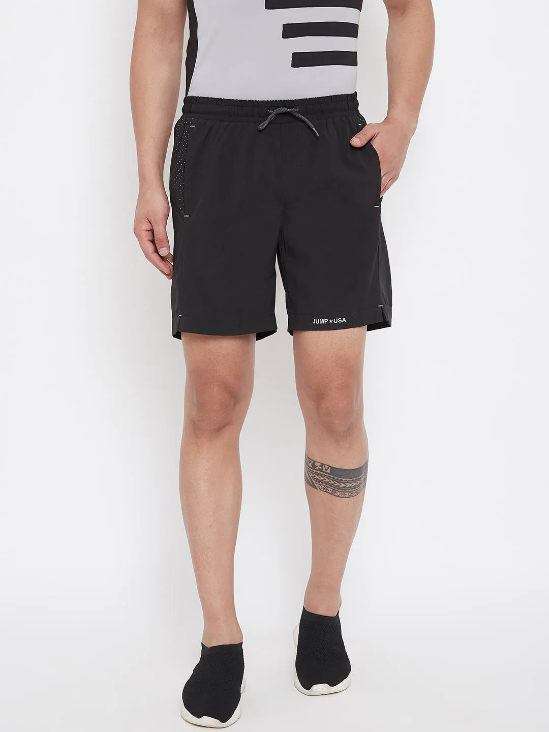 JUMP USA Men Black Solid Regular Fit Sports Shorts