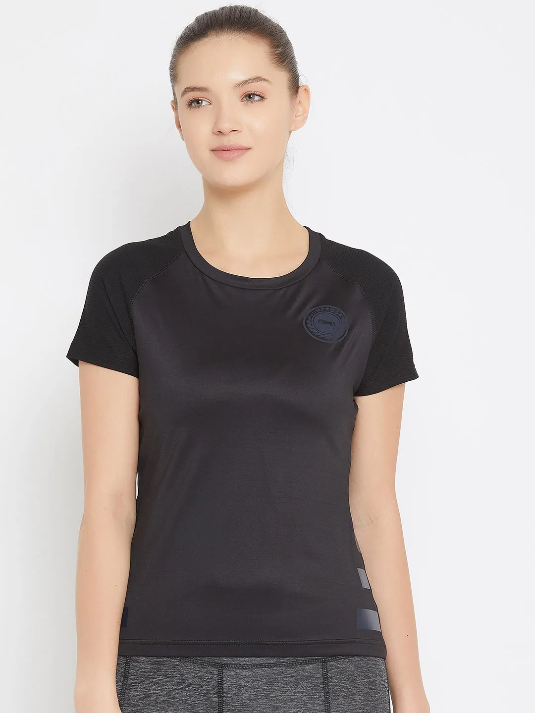 JUMP USA Women Black Active Wear Round Neck T-shirt