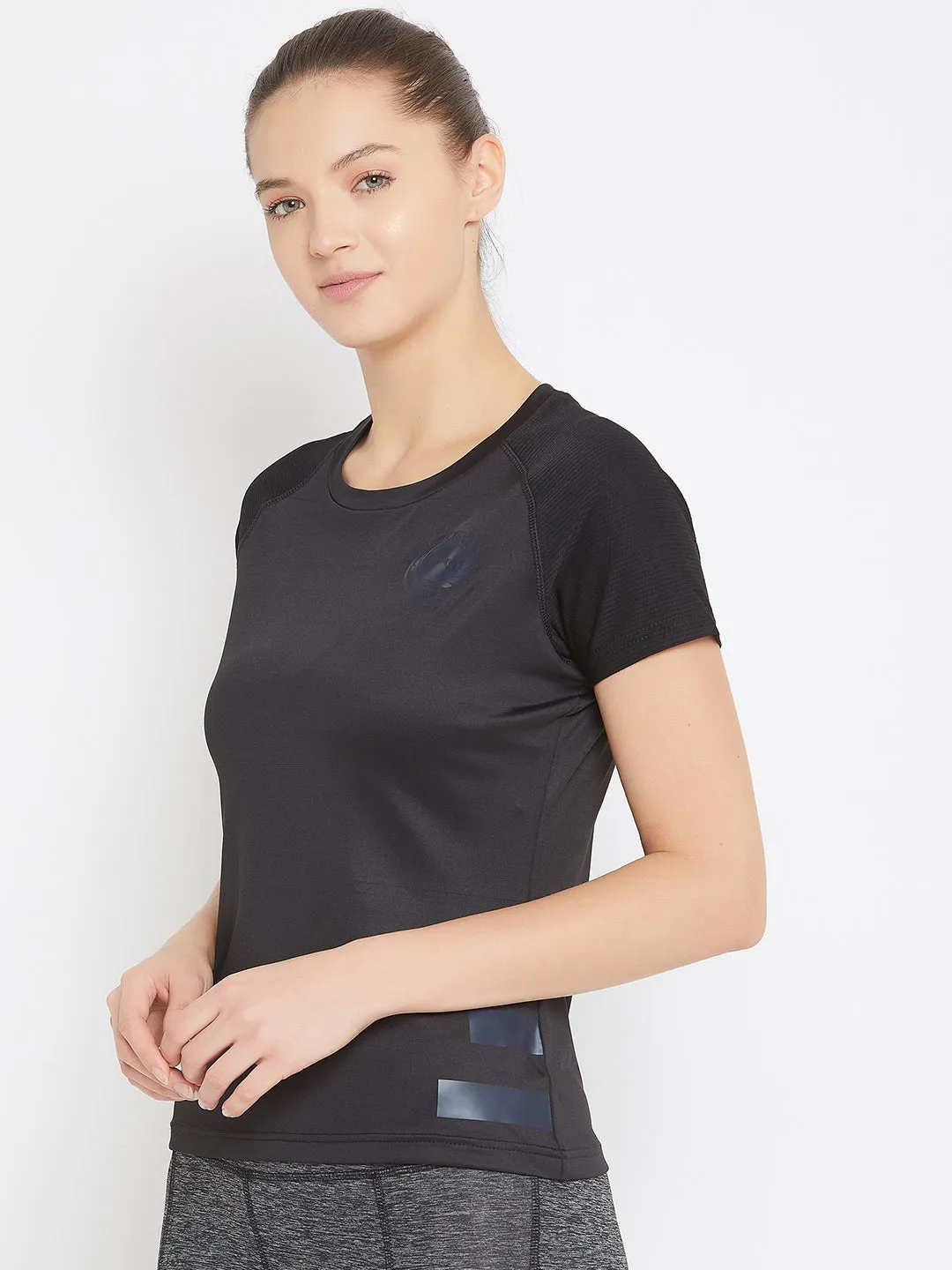 JUMP USA Women Black Active Wear Round Neck T-shirt