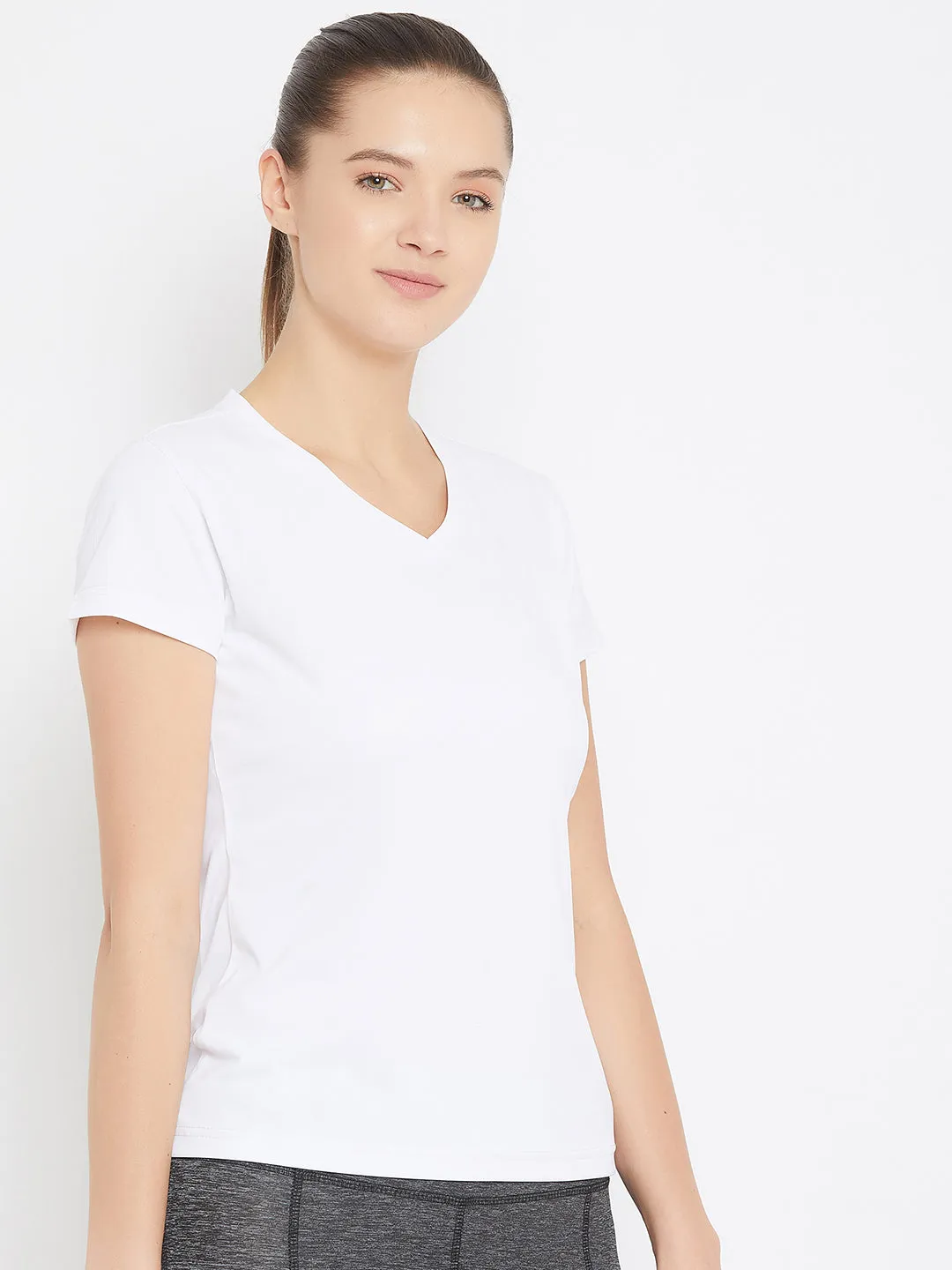 JUMP USA Women White Active Wear V- Neck T-shirt