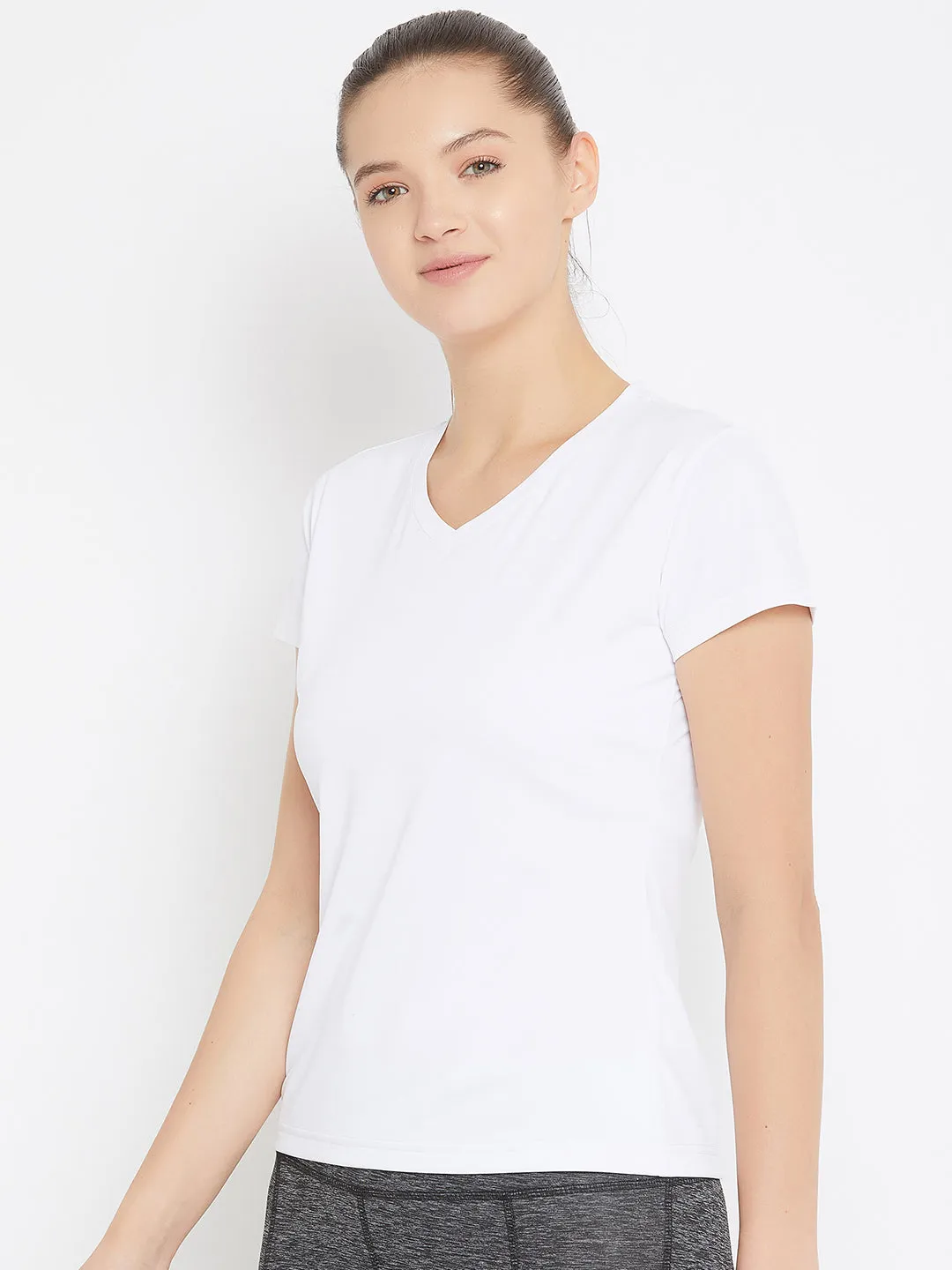 JUMP USA Women White Active Wear V- Neck T-shirt