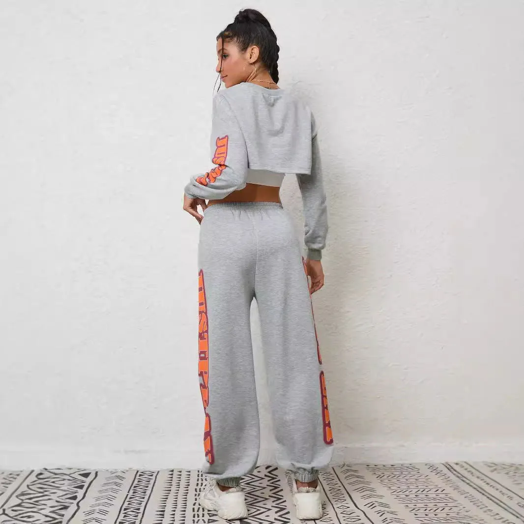 Letter Graphic Embroidery Casual Suit Two Piece Sports Cropped Pants Women Clothing