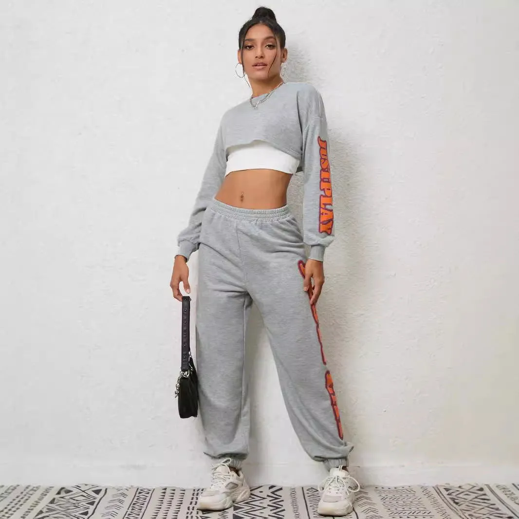 Letter Graphic Embroidery Casual Suit Two Piece Sports Cropped Pants Women Clothing