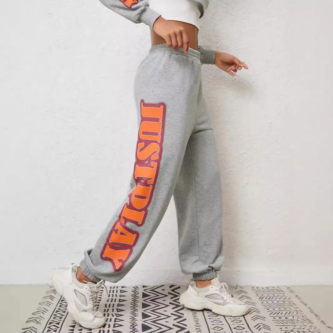 Letter Graphic Embroidery Casual Suit Two Piece Sports Cropped Pants Women Clothing