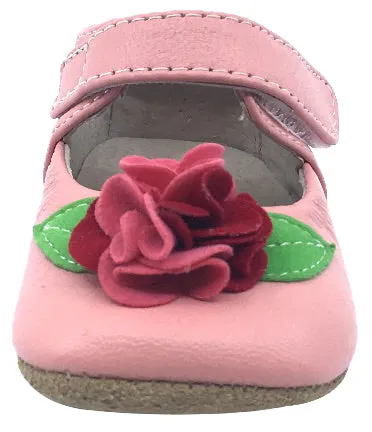 Livie & Luca Girl's Rosa Light Pink Smooth Leather Felt Flower Bud Hook and Loop Mary Jane Shoe