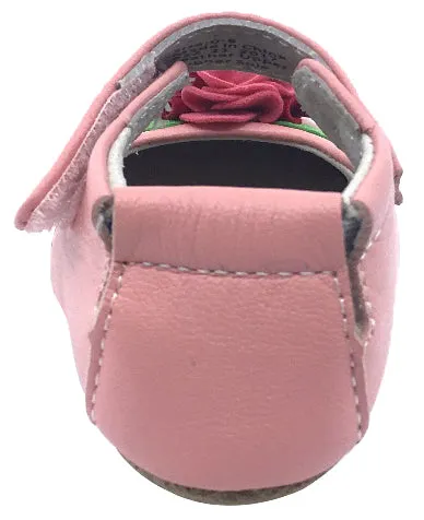 Livie & Luca Girl's Rosa Light Pink Smooth Leather Felt Flower Bud Hook and Loop Mary Jane Shoe