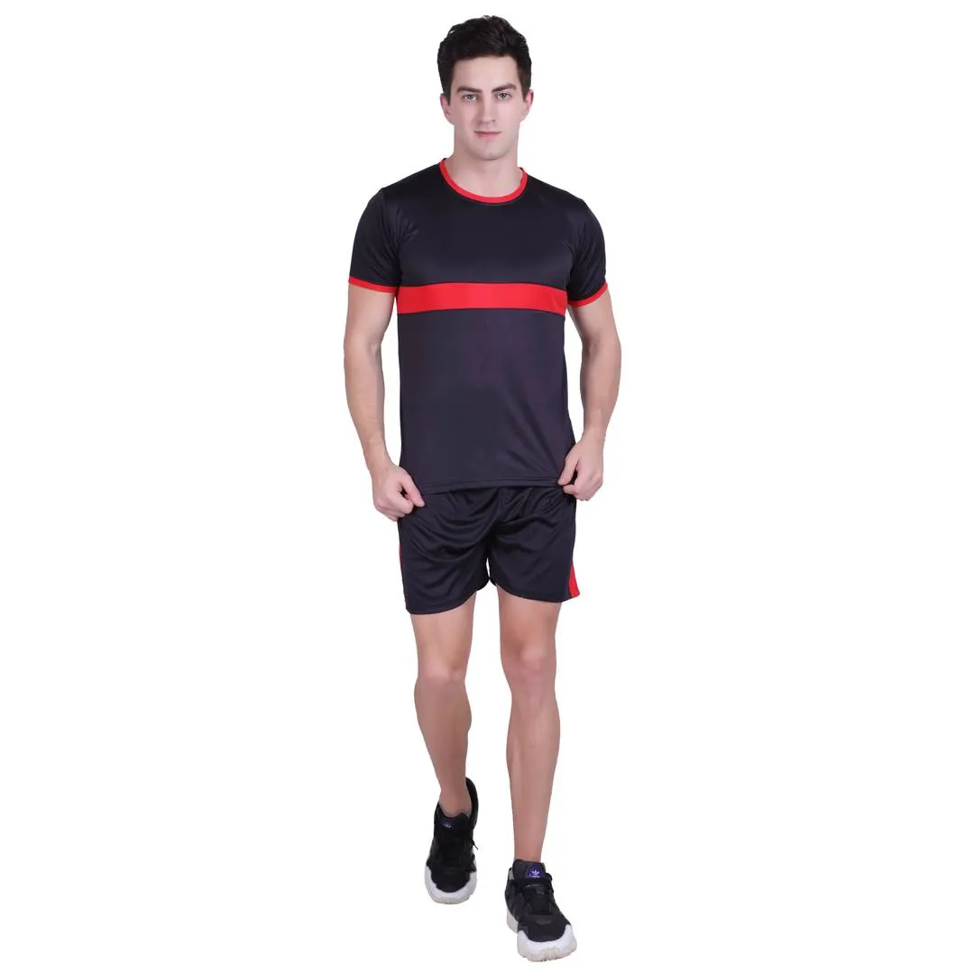 Men Black Polyester Self Pattern Regular Fit Sports Tees & Shorts