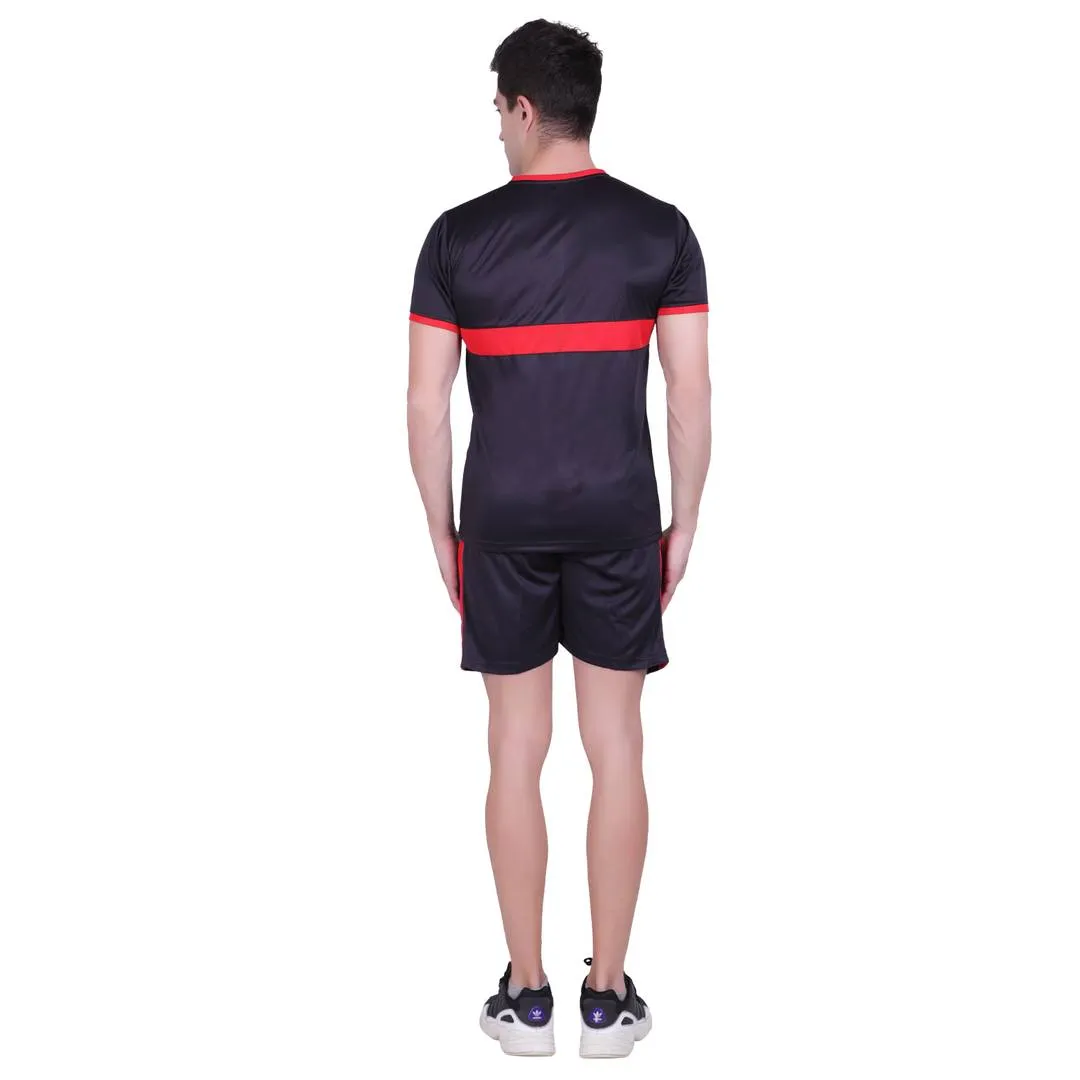 Men Black Polyester Self Pattern Regular Fit Sports Tees & Shorts