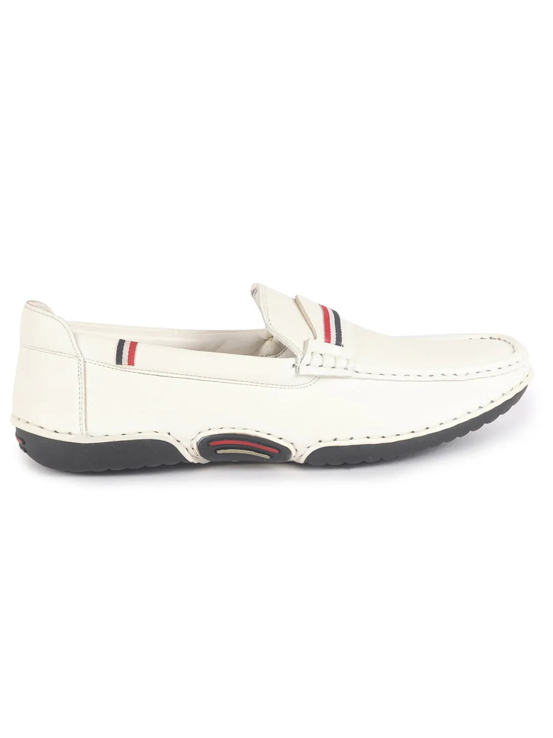 Men White Stitched Stripe Design Classic Slip-Ons Loafer with Flexible Slip Resistant Sole|Slip On Shoes|Casual Shoes