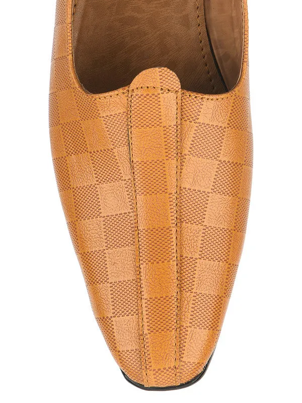 Men's Indian Ethnic Party Wear Textured Tan Heels Footwear - Desi Colour