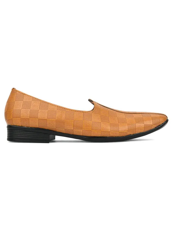 Men's Indian Ethnic Party Wear Textured Tan Heels Footwear - Desi Colour