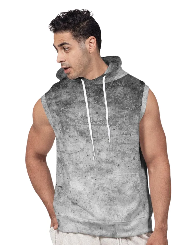 Men's Sleeveless Hoodie, Black & Gray Grunge Print Premium Heavyweight Sports Top