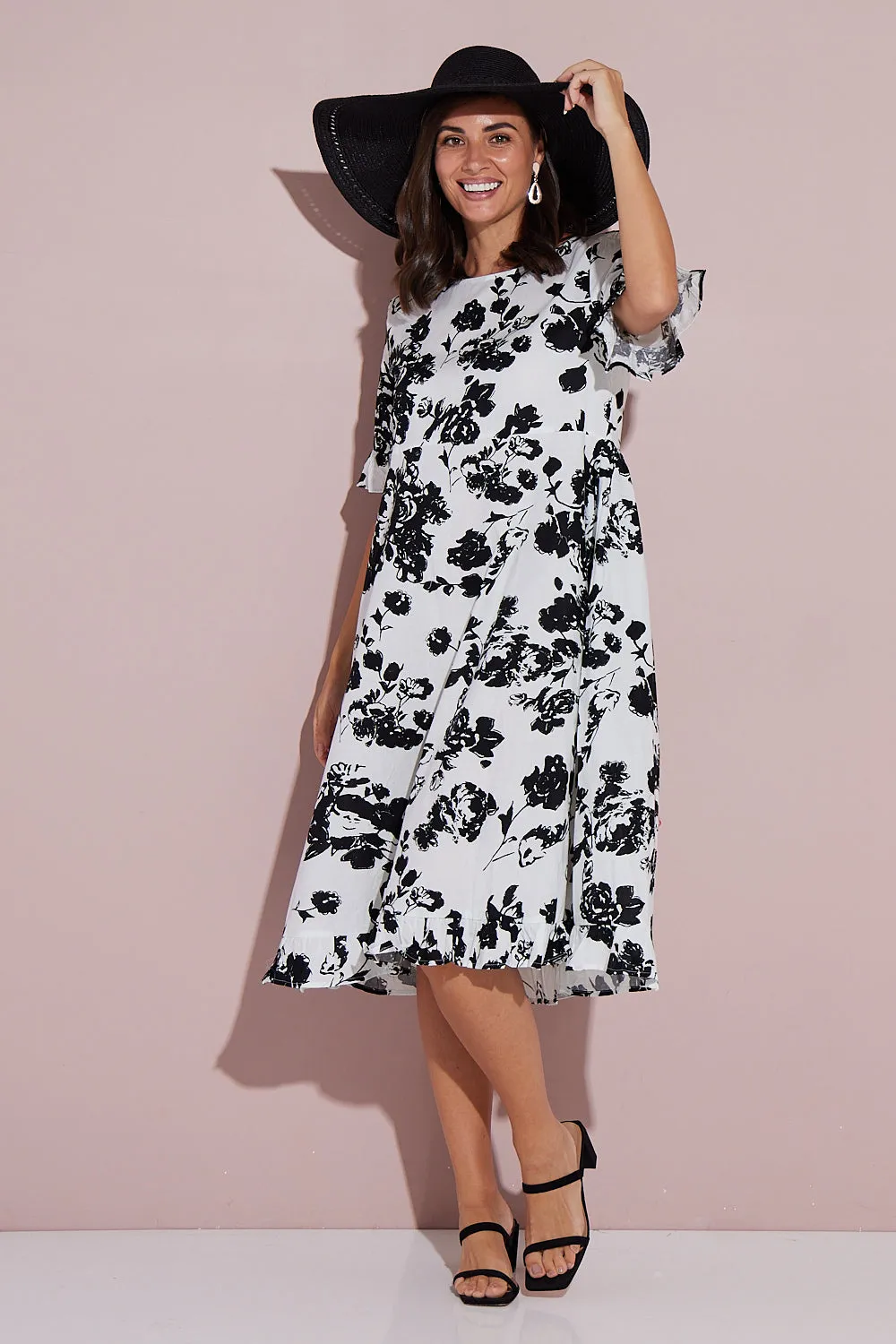 Nasira Cotton Dress - White/Black Floral