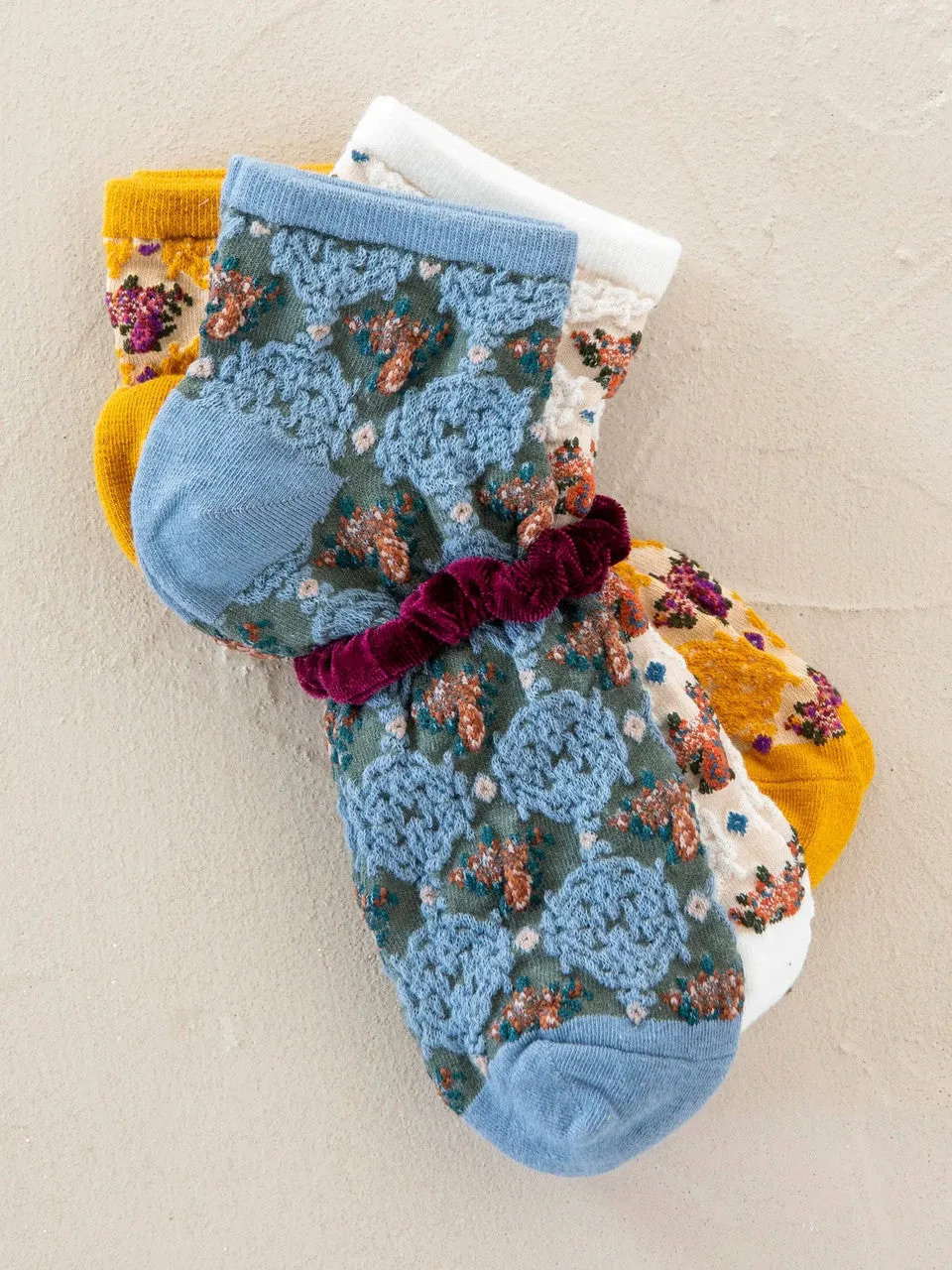 Natural Life Blossom Ankle Socks & Scrunchie, Set of 3 - Mustard