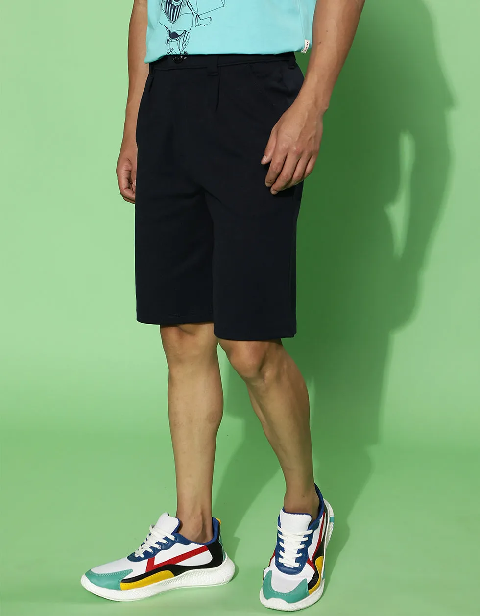 Navy Regular Fit Solid Shorts