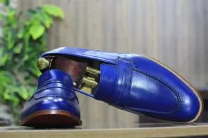 New Handmade Blue Pure Leather Shoes, Penny Loafer Shoes, Men's Round Toe Shoes