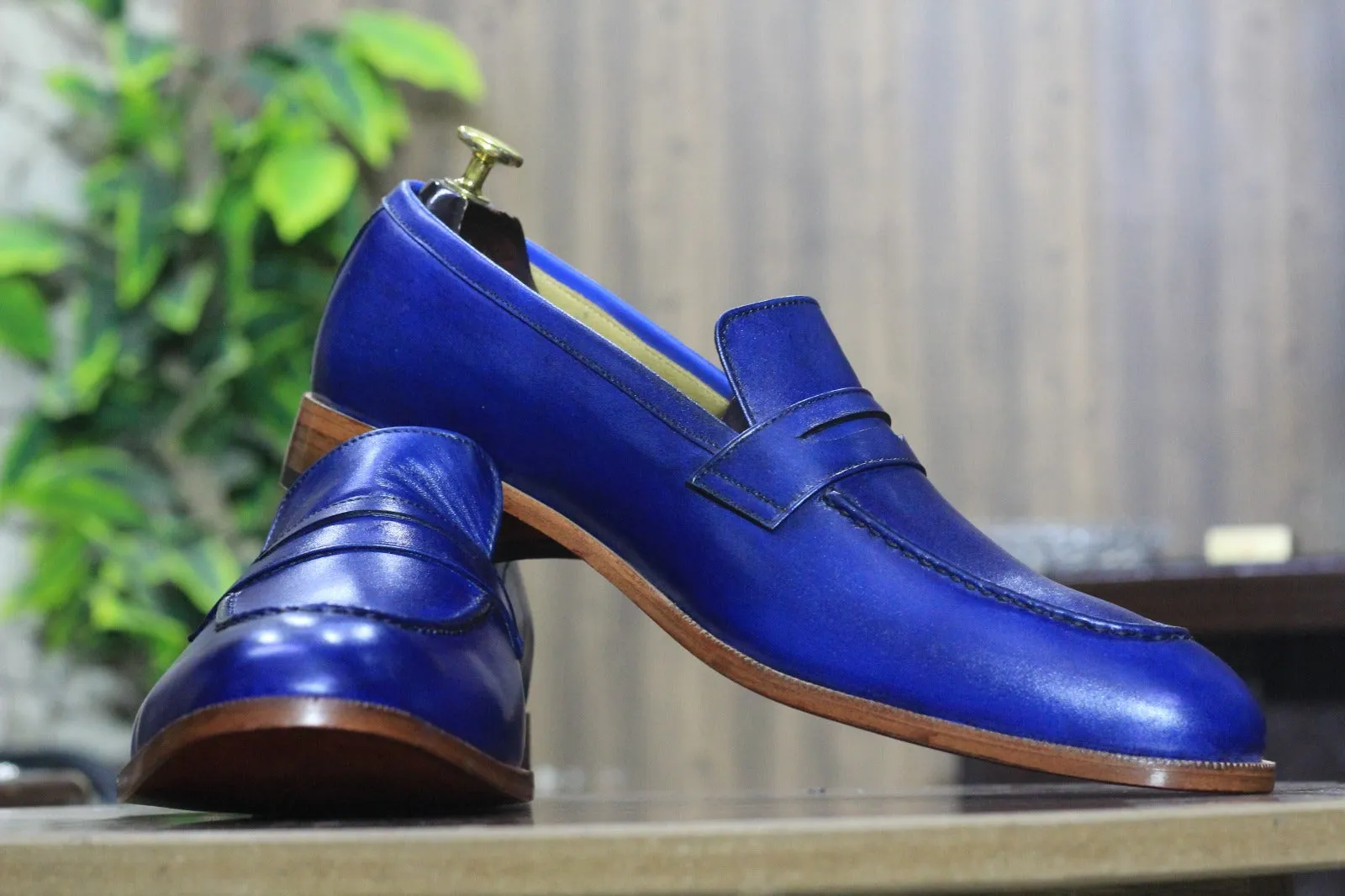 New Handmade Blue Pure Leather Shoes, Penny Loafer Shoes, Men's Round Toe Shoes