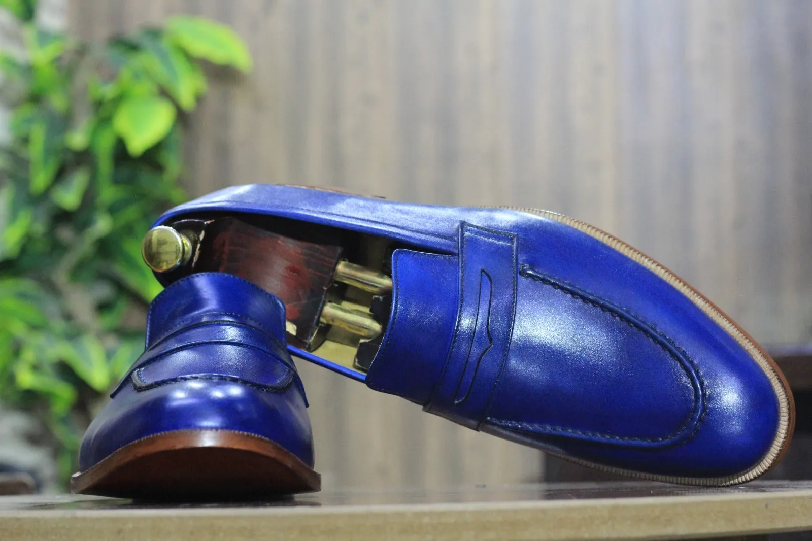 New Handmade Blue Pure Leather Shoes, Penny Loafer Shoes, Men's Round Toe Shoes