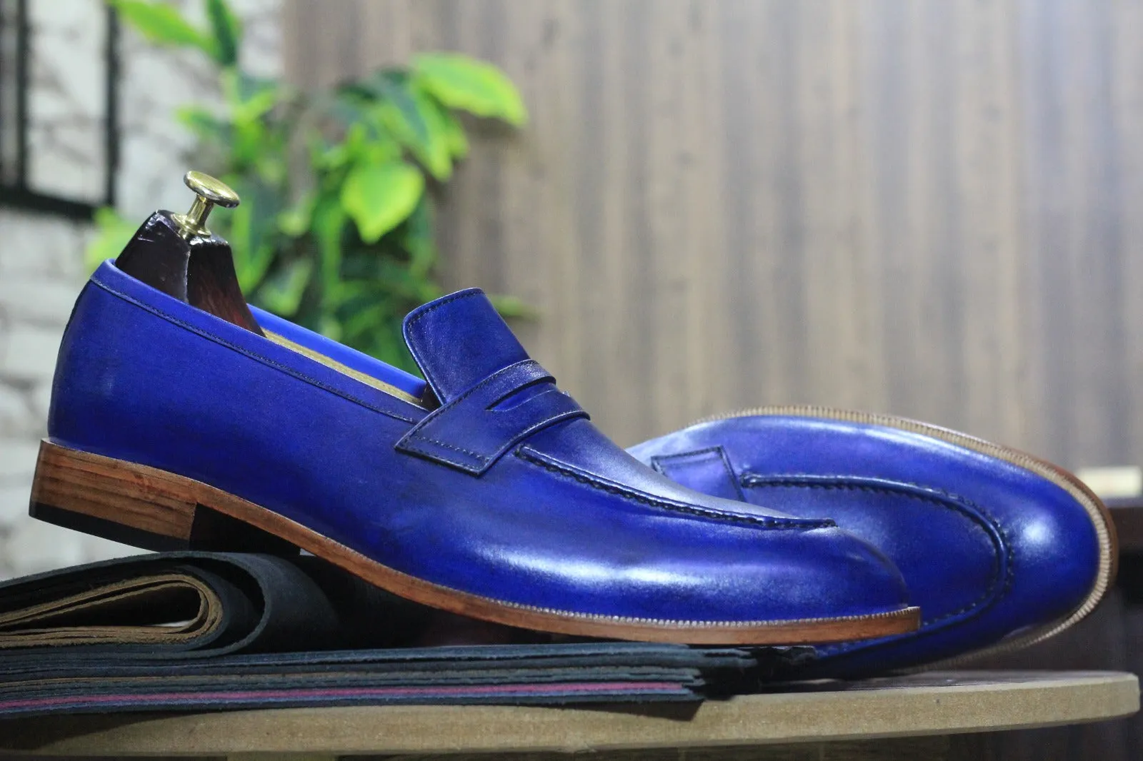 New Handmade Blue Pure Leather Shoes, Penny Loafer Shoes, Men's Round Toe Shoes