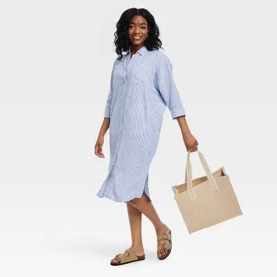 New - Women's 3/4 Sleeve Midi Shirtdress - Universal Thread Blue Striped XS