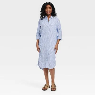 New - Women's 3/4 Sleeve Midi Shirtdress - Universal Thread Blue Striped XS