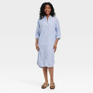 New - Women's 3/4 Sleeve Midi Shirtdress - Universal Thread Blue Striped XS