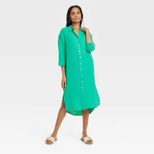 New - Women's 3/4 Sleeve Midi Shirtdress - Universal Thread Green XS