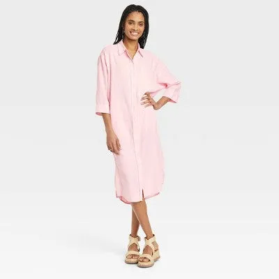 New - Women's 3/4 Sleeve Midi Shirtdress - Universal Thread Pink L